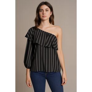 Halogen Pinstripe‎ One Shoulder Ruffle Chiffon Blouse – Size Medium